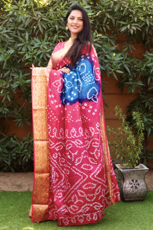 Multi color bandhej silk saree with printed  work