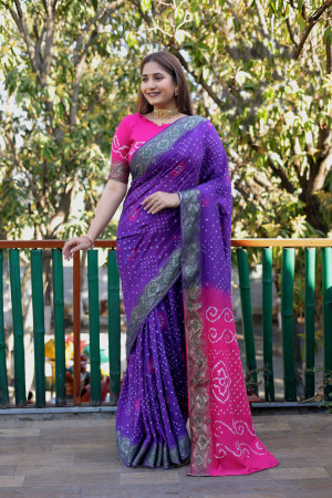 Violet color bandhej silk saree with printed  work
