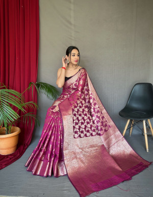 Magenta color linen silk saree with zari weaving work