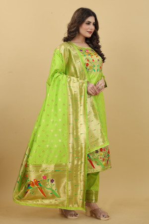 Apple green color paithani silk unstitched dress
