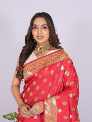 Red color pure banarasi silk saree with zari weaving work