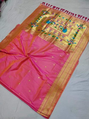 Peach color paithani silk saree with zari woven work