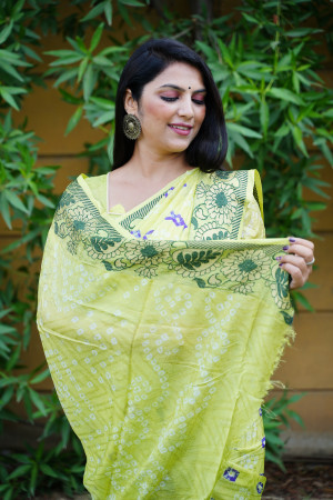 Parrot green color bandhej silk saree with zari weaving work