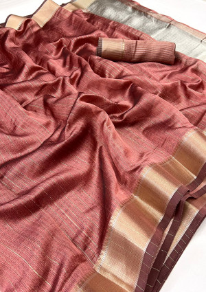 Peach color soft cotton saree with zari weaving work