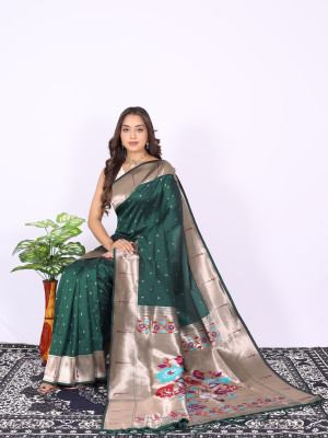 Drak green color paithani silk saree with zari weaving work