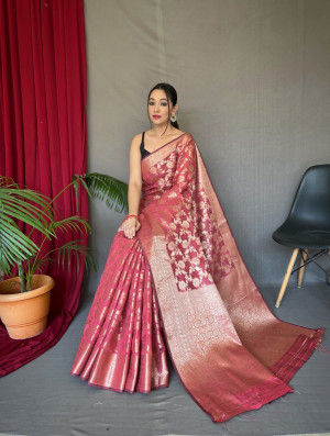 Red color linen silk saree with zari weaving work