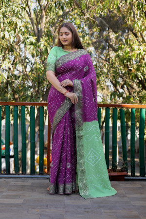 Magenta color bandhej silk saree with printed  work