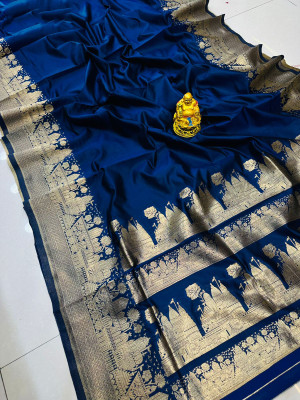 Navy blue color cotton silk saree with zari weaving work