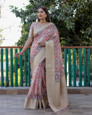 Beige color Linen silk saree with digital printed work