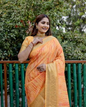 Yellow color soft cotton silk saree with zari weaving work