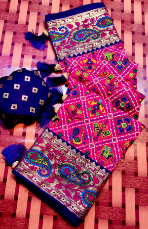Pink color patola silk saree with printed work