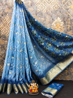 Sky blue color soft cotton silk saree with bandhani printed work