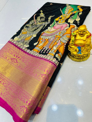 Black color kanchipuram silk saree with kalamkari weaving design