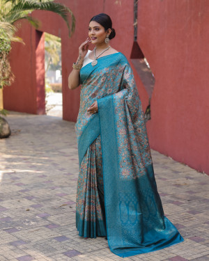 Firoji color soft fancy silk saree with digital printed work