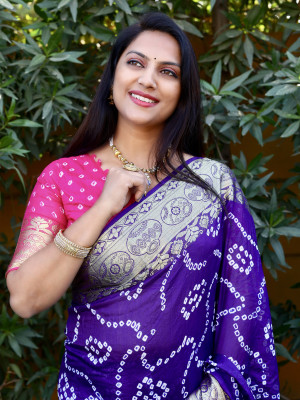 Violet color bandhani silk saree with hand bandhej work