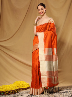 Orange color banglori raw silk saree with woven design