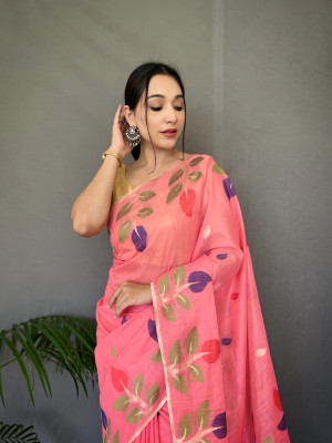 Gajari color linen silk saree with woven design