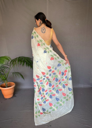 Off white color linen silk saree with woven design