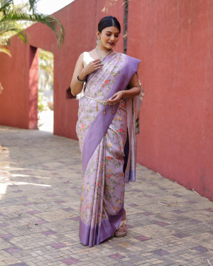 Purple color soft fancy silk saree with digital printed work