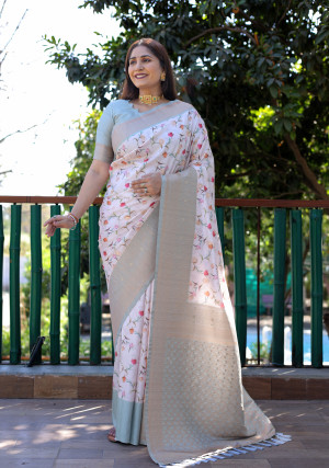 White color soft banarasi silk saree with digital printed work