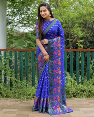 Royal blue color bandhej silk saree with woven design