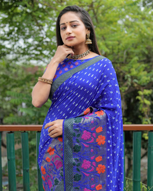 Royal blue color bandhej silk saree with woven design