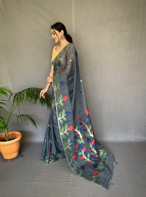 Gray color linen silk saree with woven design