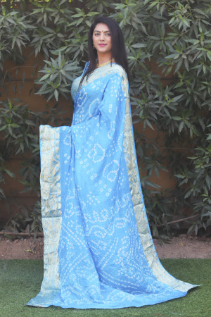 Sky blue color bandhej silk saree with printed work