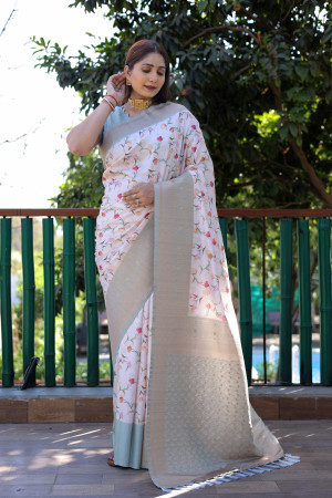 Baby pink color soft banarasi silk saree with digital printed work