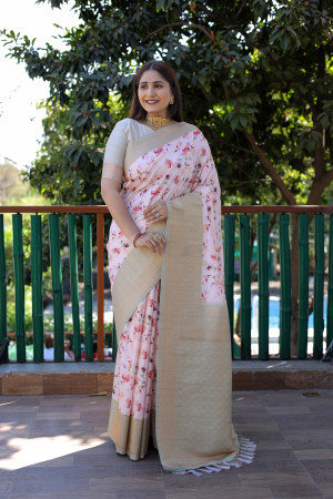 Pink color soft banarasi silk saree with digital printed work