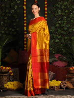 Mustard yellow color banglori raw silk saree with woven design