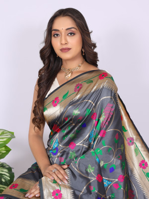Gray color paithani silk saree with zari weaving work