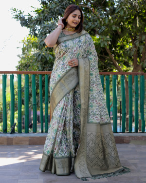 Mahendi green color linen silk saree with digital printed work