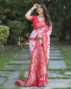 Red color dola silk saree with zari weaving work