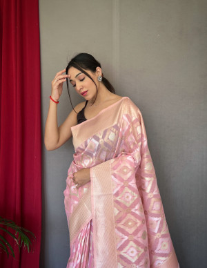 Baby pink color linen silk saree with zari weaving work