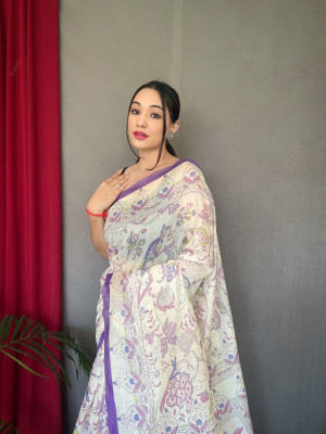 Off white and purple color soft cotton saree with digital printed work