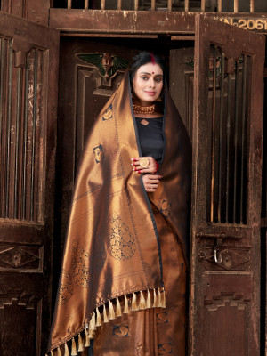 Black color kanchipuram silk saree with zari weaving work