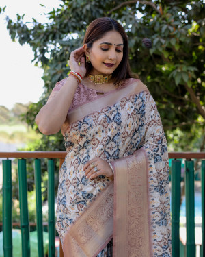 Off white and coffe color linen silk saree with digital printed work