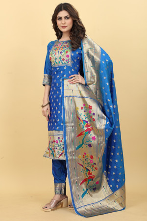 Royal blue color paithani silk unstitched dress