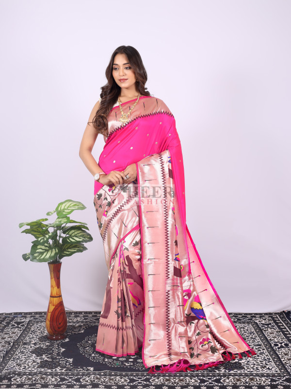 Rani Pink Paithani Silk Saree with Zari Weaving, Meenakari Pallu & Double Munia Border