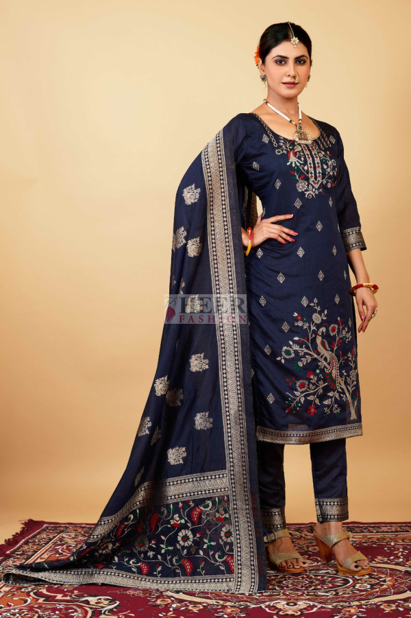 Grey - Bangalore Silk Paithani 3pc Unstitched Dress Material 08 main image 0