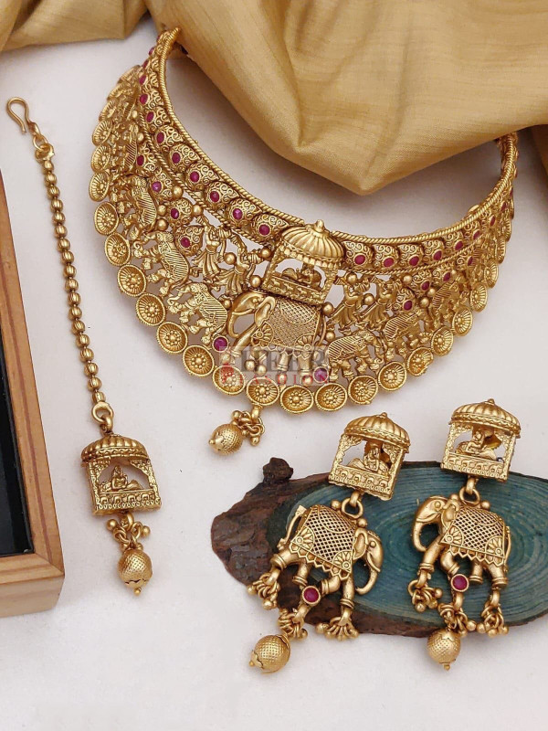 18k Gold Plated Traditional Choker Set Glided With Kundan & Beads For Women/Girls
