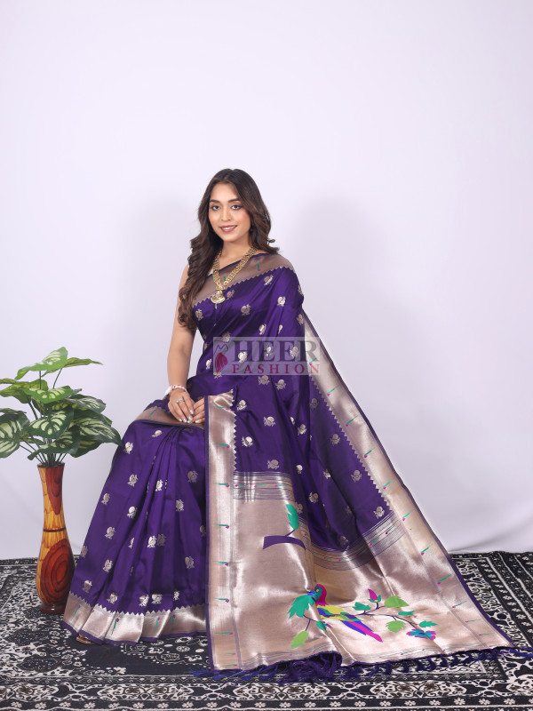 Violet Paithani Silk Saree with Zari Weaving, Meenakari Pallu & Double Munia Border