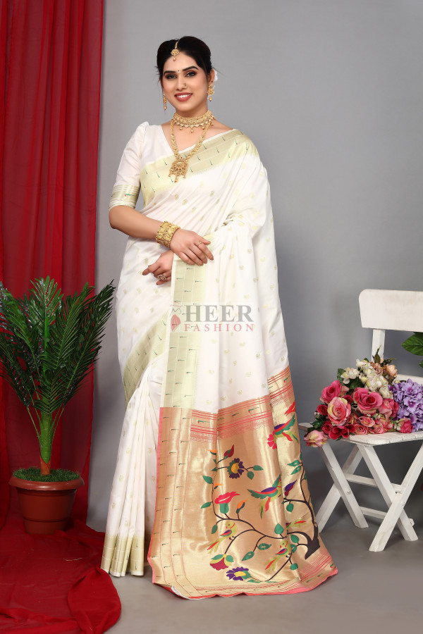 Buy Pandadi Saree Women White Woven Cotton Silk Paithani Saree Online at  Best Prices in India - JioMart.