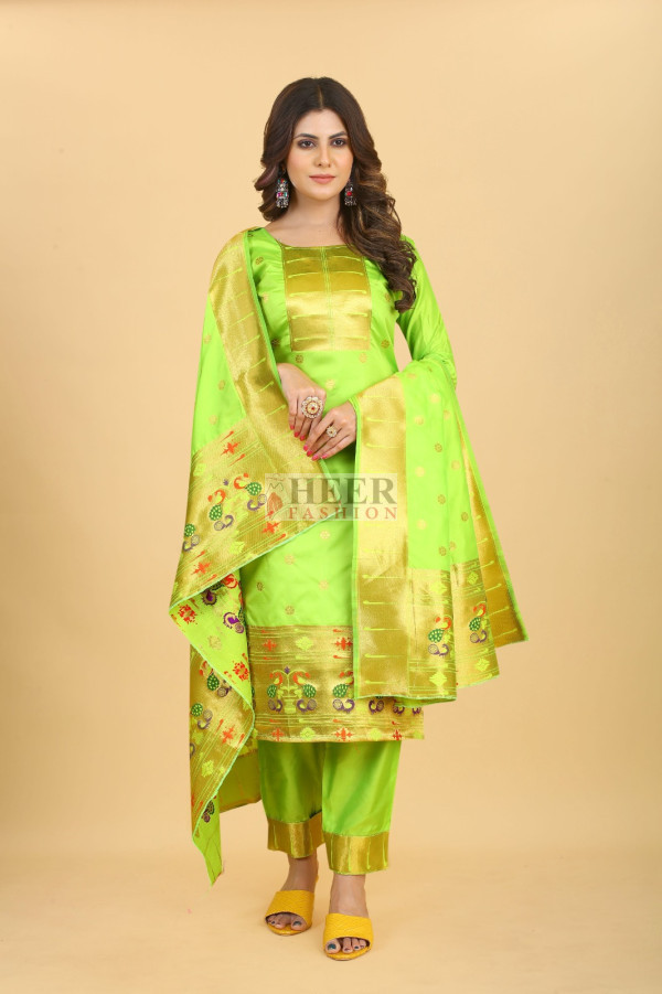 Parrot green color paithani silk unstitched dress