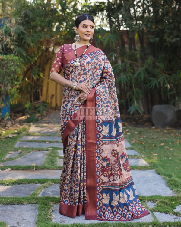 Brown Color Bubble Tussar Saree With Contrast Matching Blouse