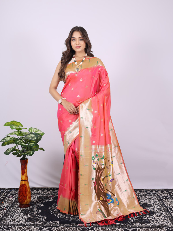 Majestic Peach Color Banarasi Organza Silk Saree with Weaving Work