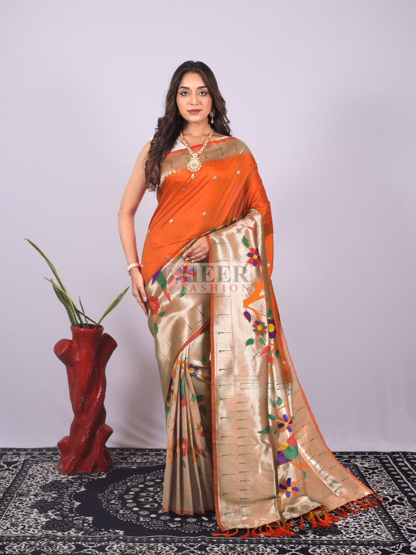 Kubera Pattu Kanjivaram dark orange Silk Saree – Laxmisaree.com