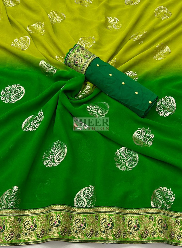 Green and parrot green color georgette saree with foil printed work