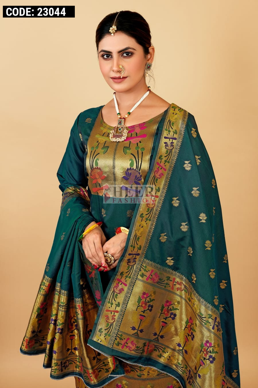 green paithani dress Hanshmukti Paithani Silk Anarkali Dress in Peach with Dupatta L / Pink main image 0